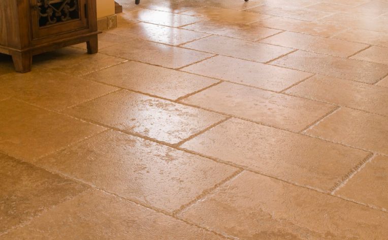 Travertine tiles.